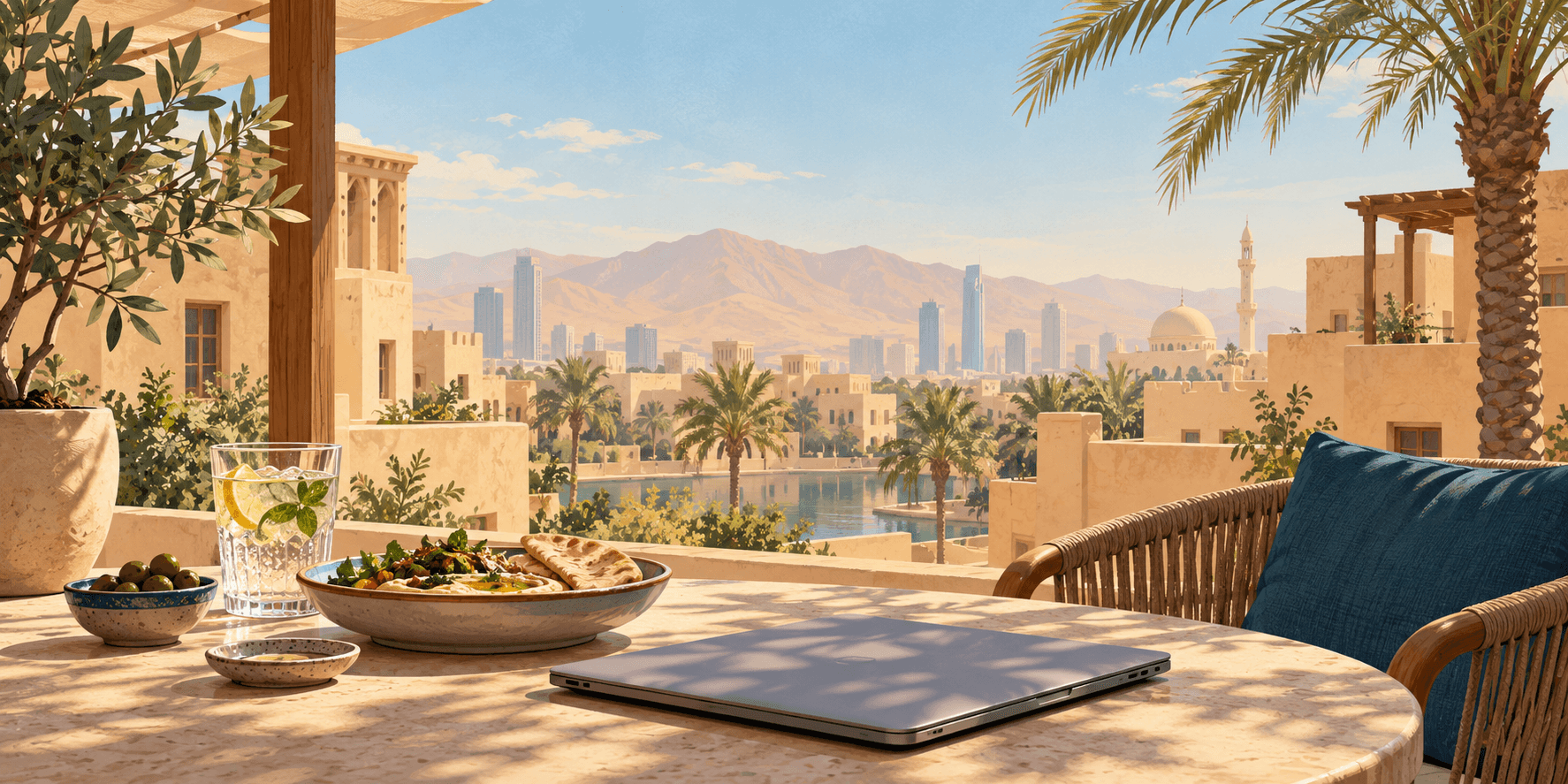 A quiet courtyard meal with a closed laptop overlooking a sunlit desert city